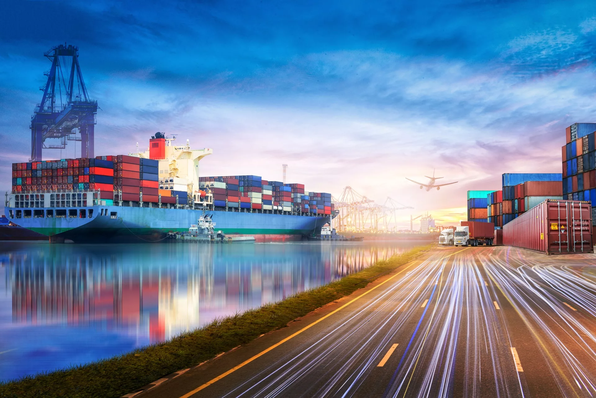 A port is dramatically lit up at night