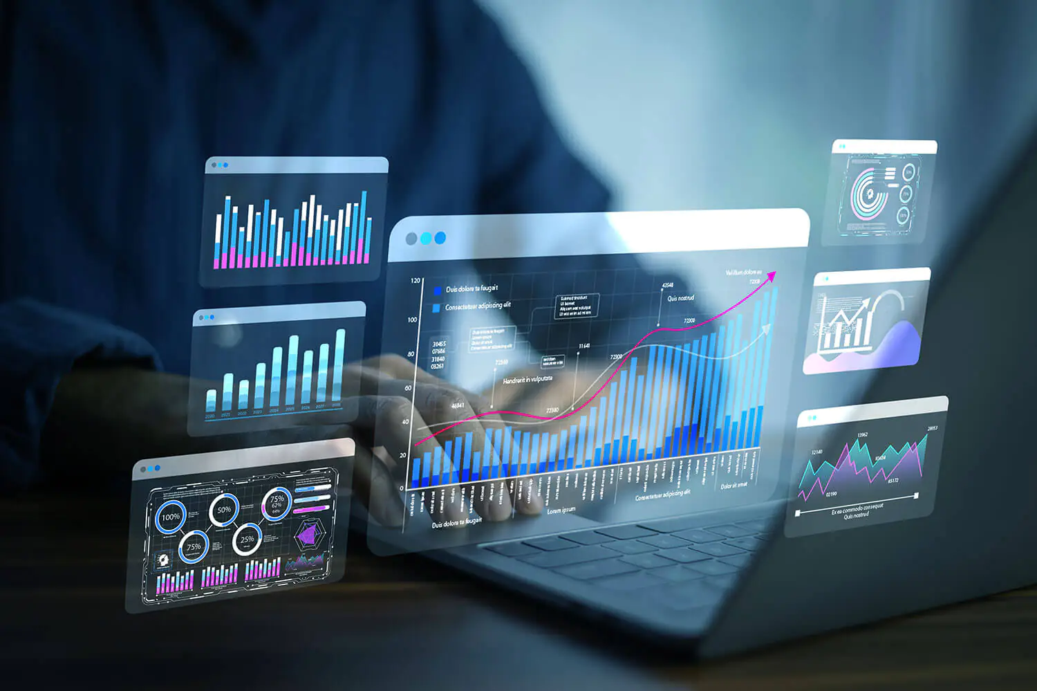 A 3D illustration of multiple analytics screens and a person at their computer