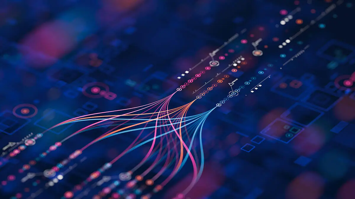 Digital abstract network with glowing lines and nodes in pink, orange, and blue on a dark blue background, symbolizing data flow or connections.