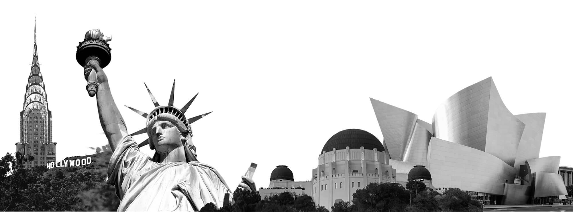 Collage of various architectural elements from around New York City and Los Angeles, including the Statue of Liberty and the Walt Disney Concert Hall.
