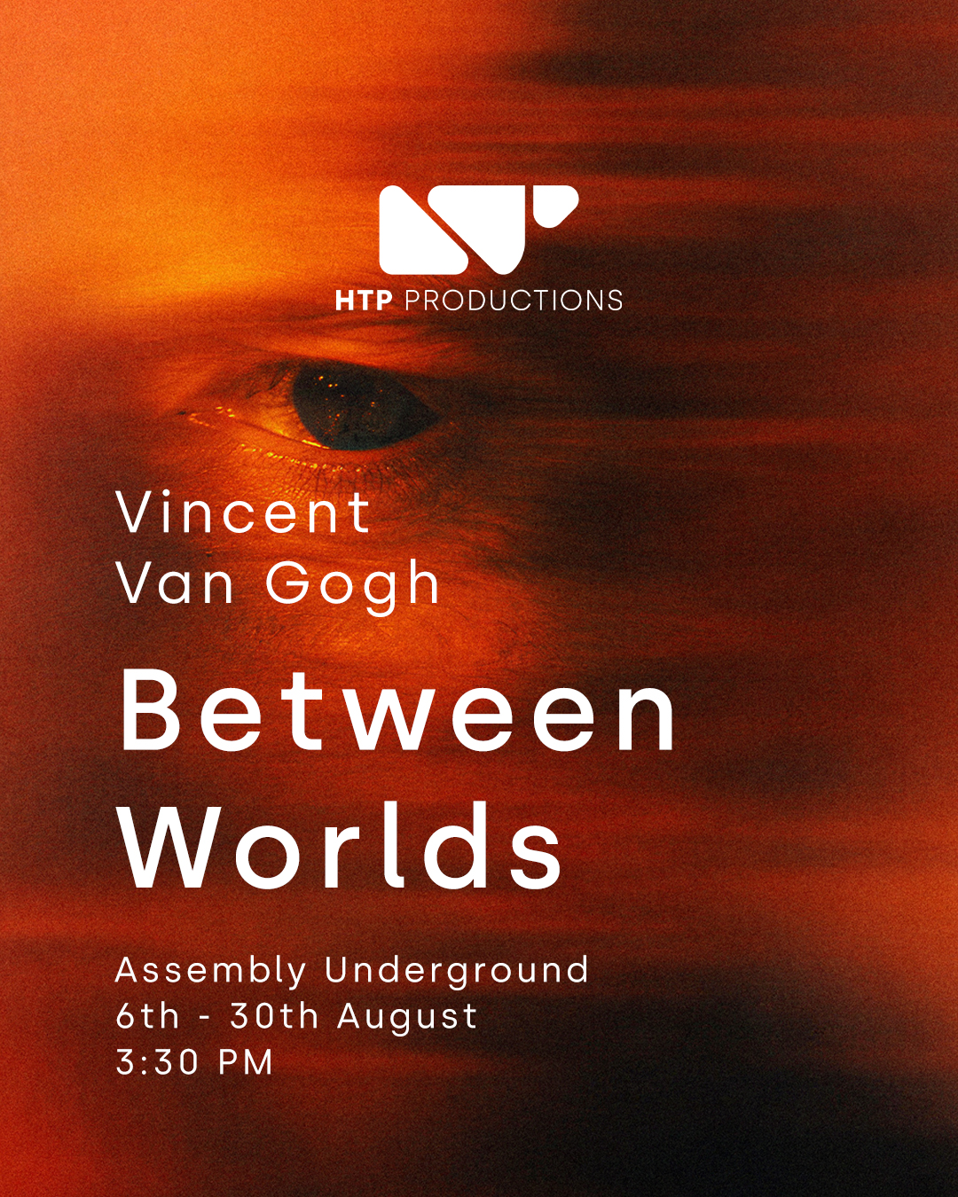 Orange and red blurred background with a close-up of an eye and text about Vincent Van Gogh exhibition.