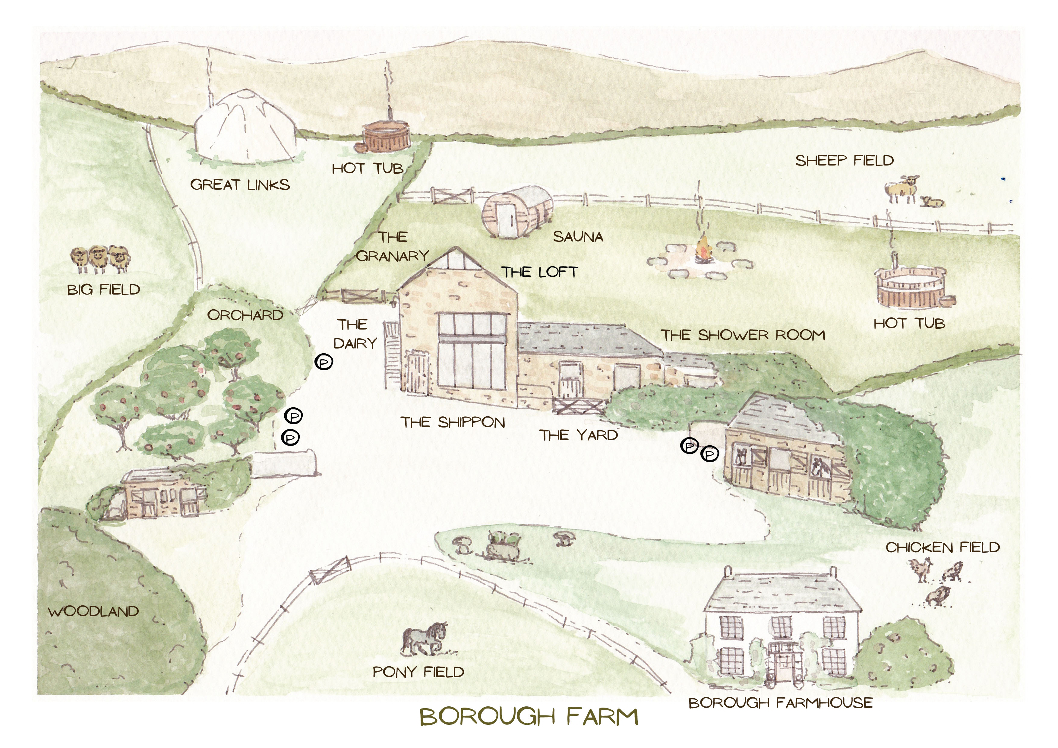 Illustrated map of Borough Farm and its stays