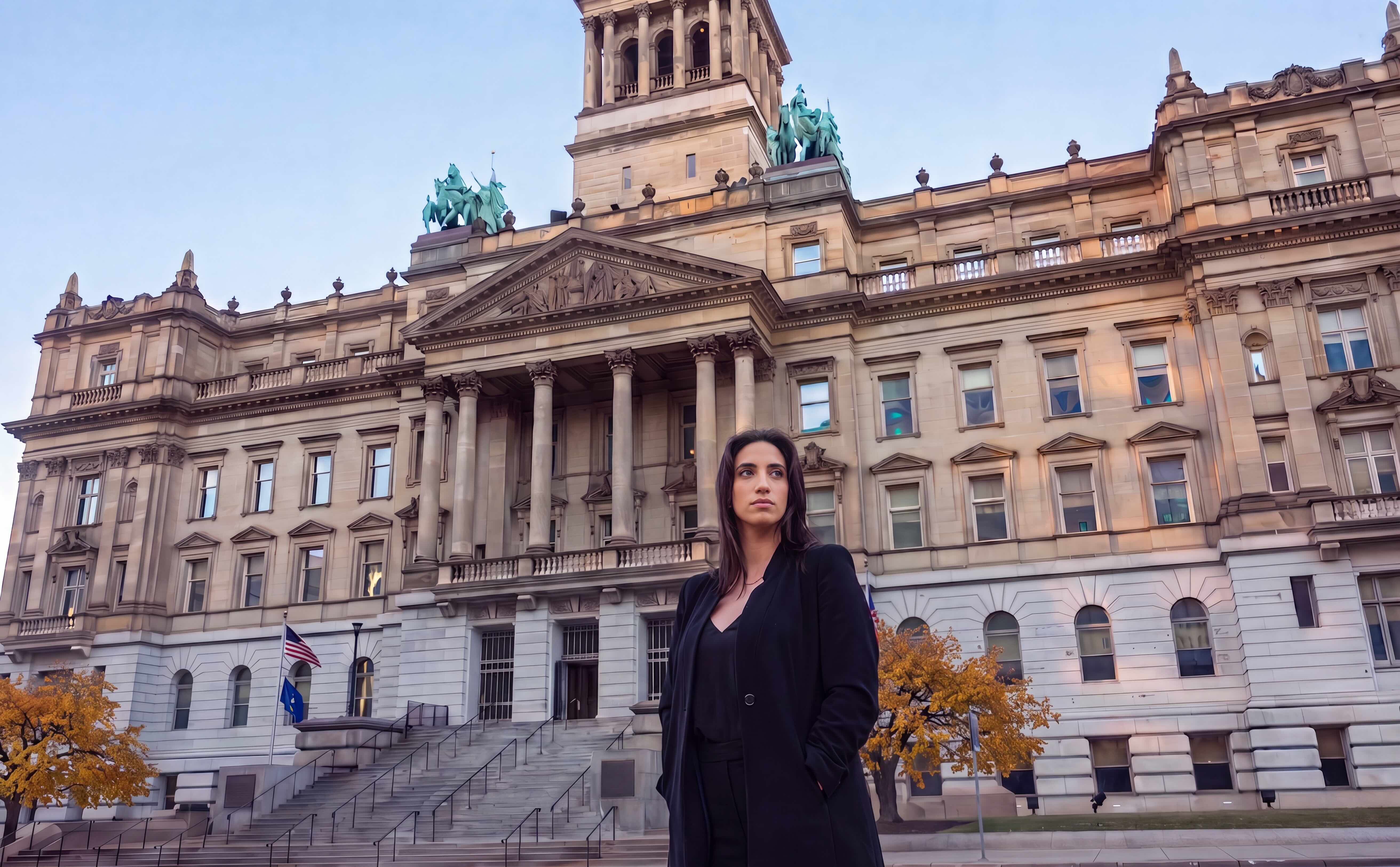 Attorney Lauren Sitto Azzo standing outside the Wayne County Building in Detroit
