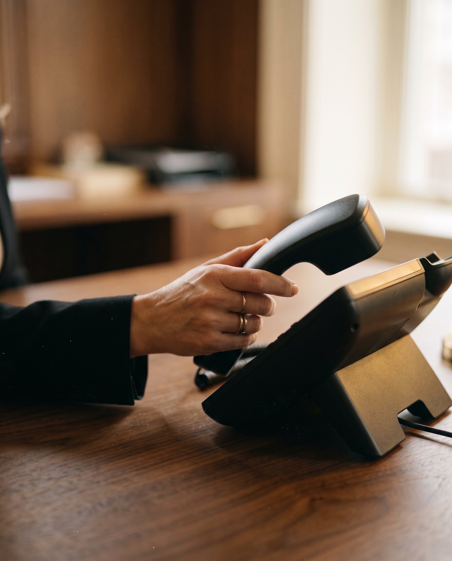 A hand lifting the desk phone at Azzo Law's Birmingham, Michigan office