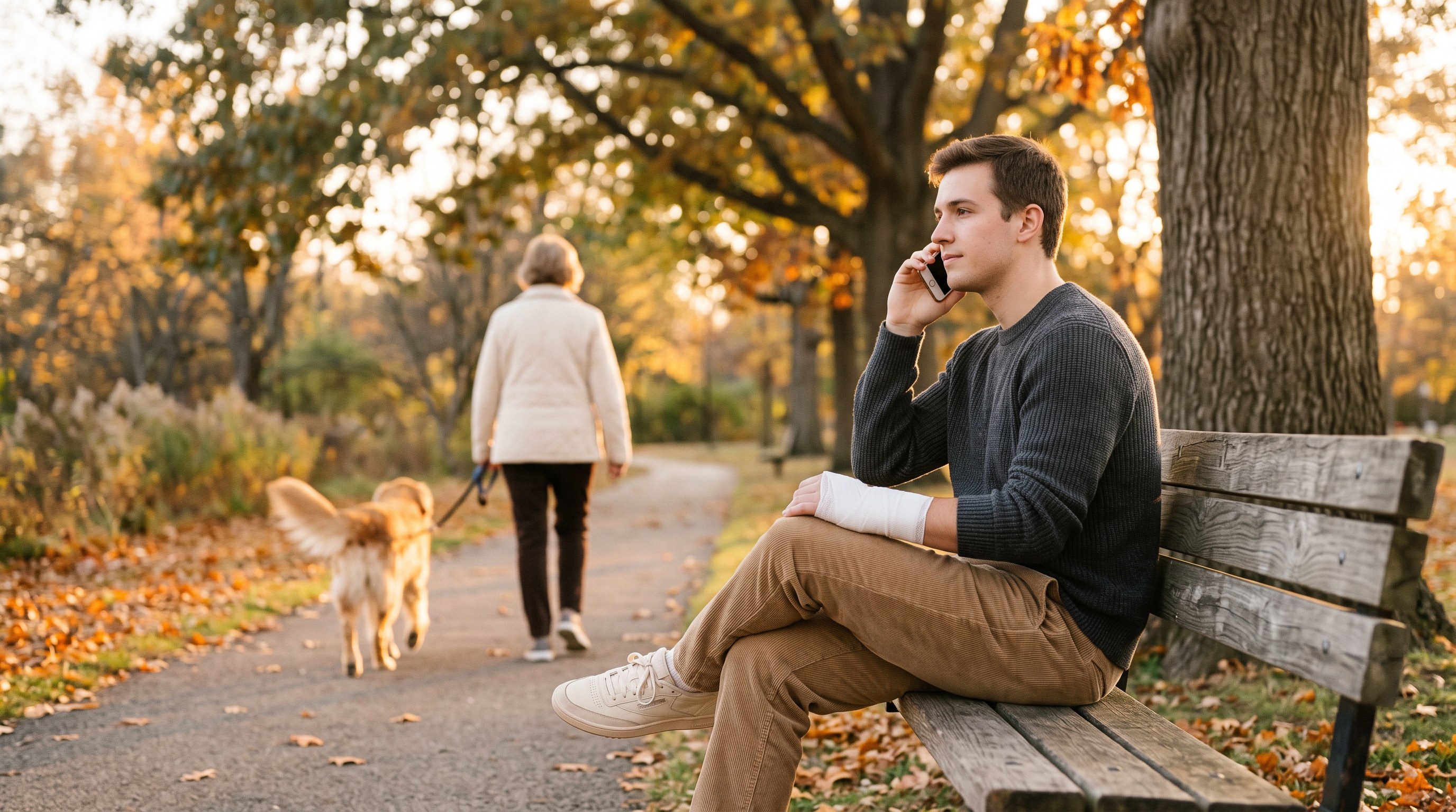 A man on a park bench at golden hour with a clean gauze wrap on his forearm, making a phone call while a leashed dog walks away in the background.