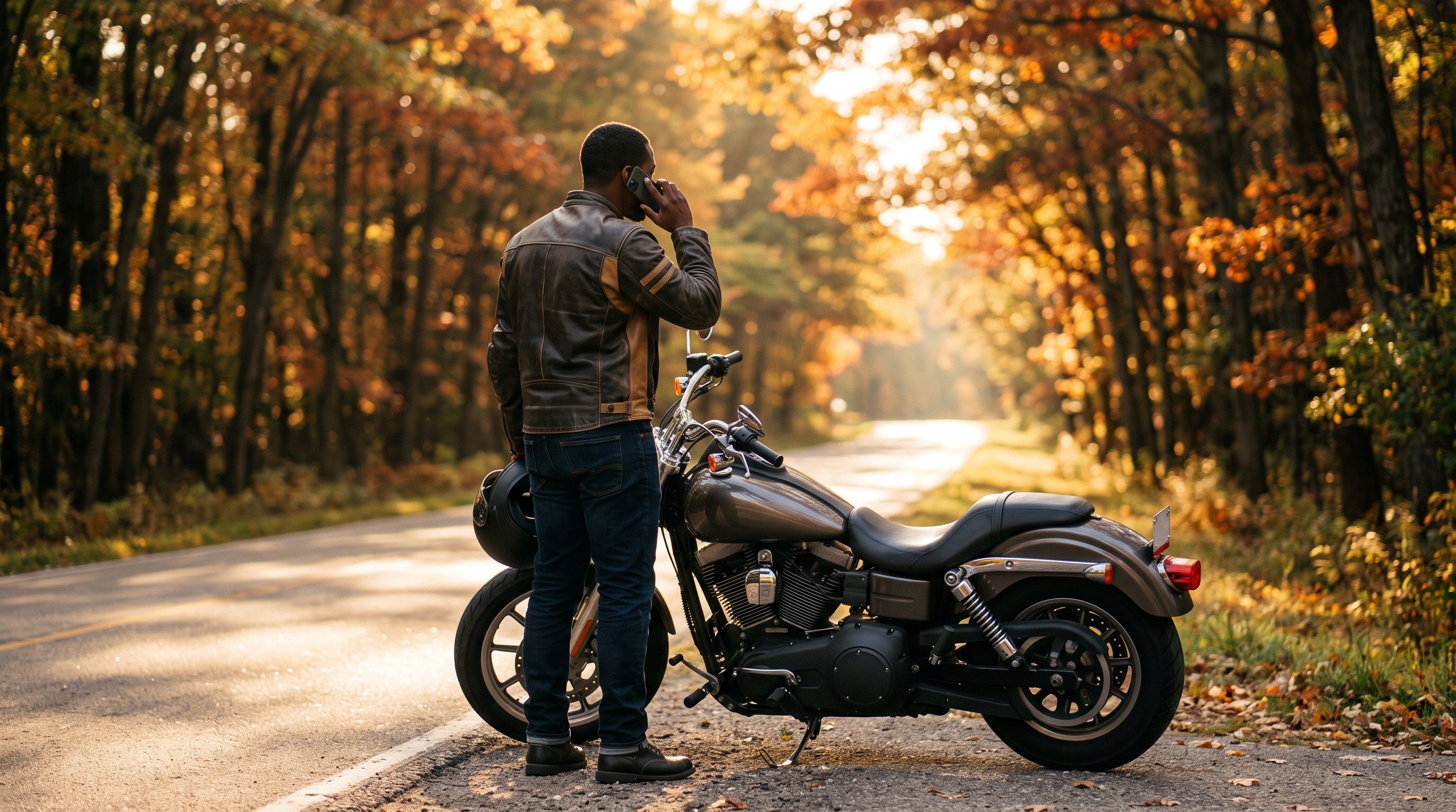 A motorcycle rider standing beside an upright bike on a tree-lined road at golden hour, helmet under one arm, making a phone call.