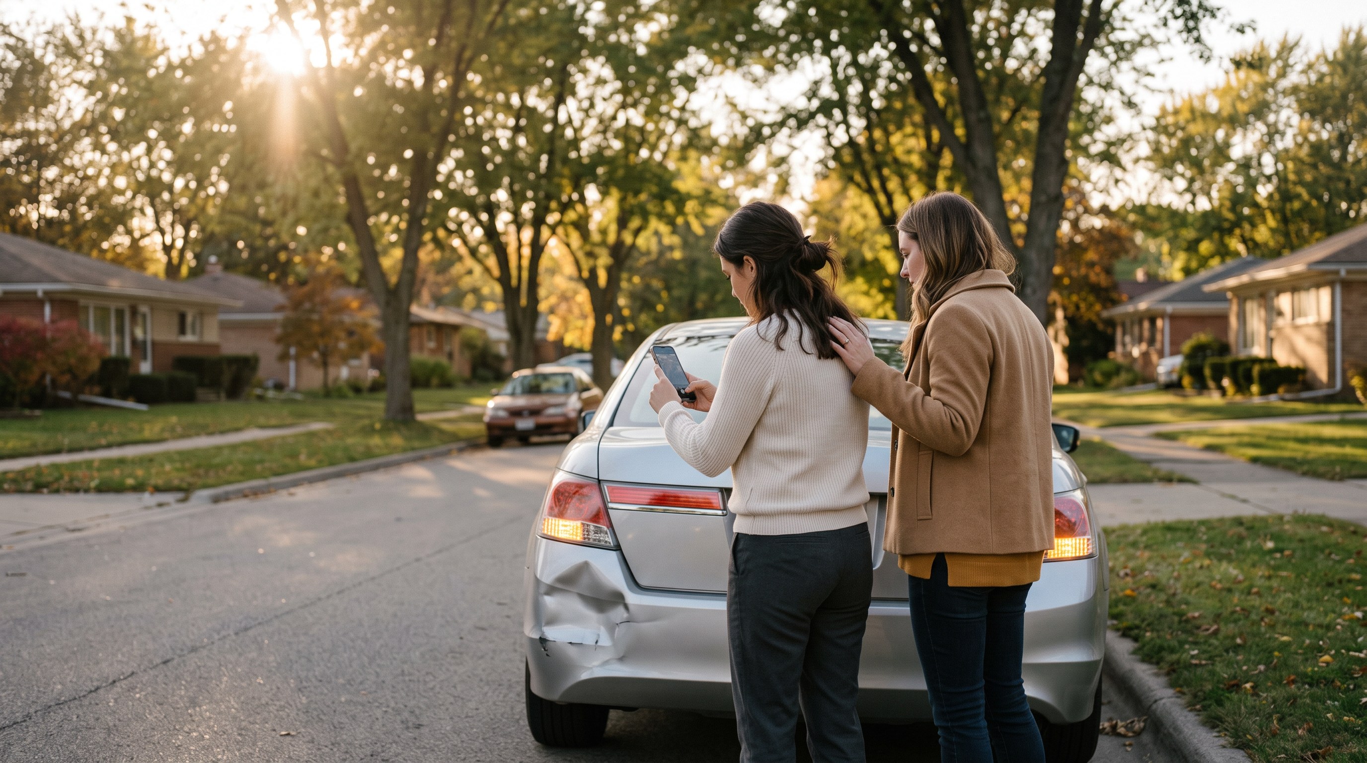 Two people on a suburban street at golden hour beside a car with a dented rear bumper, one photographing the damage with a phone.