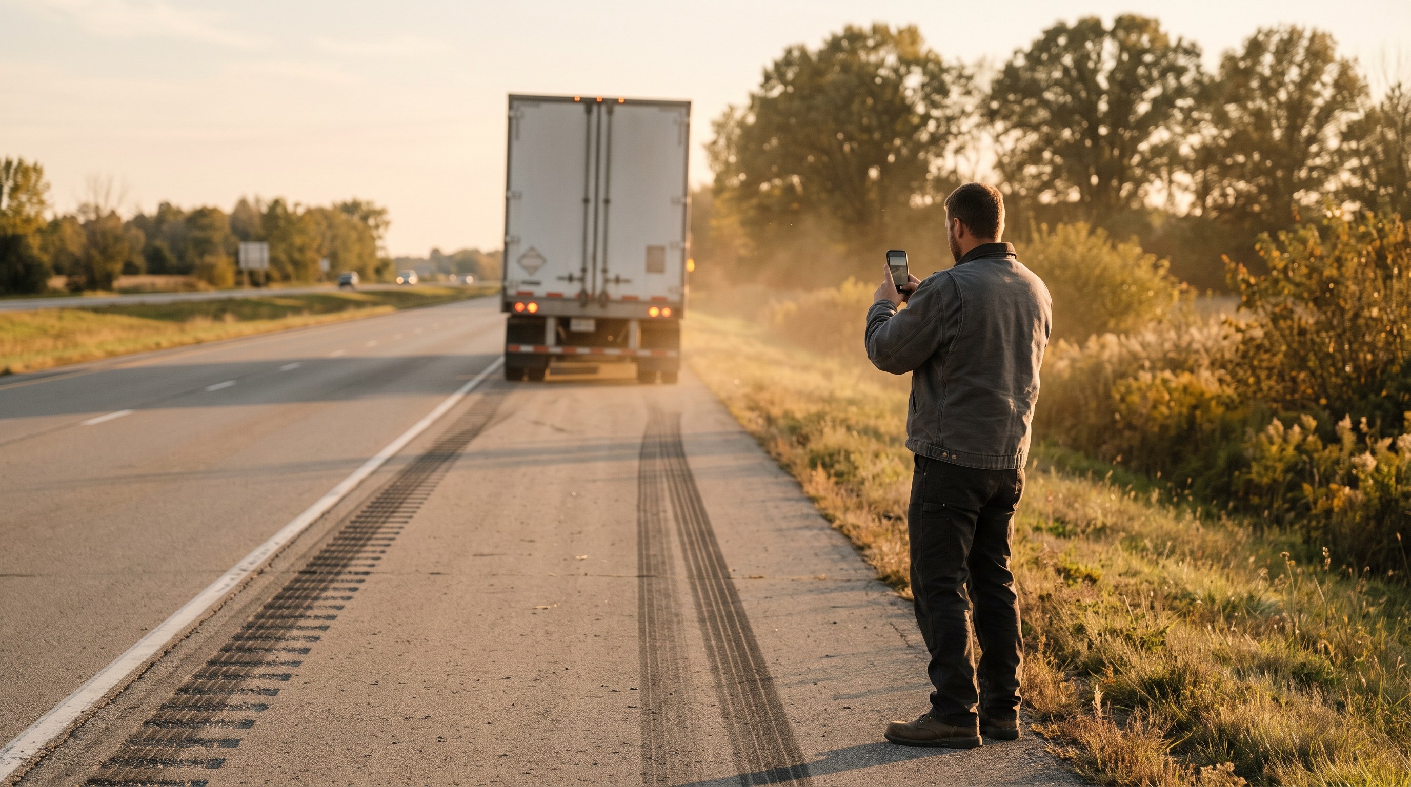 A man on a highway shoulder at golden hour photographing skid marks and a parked semi trailer with his phone.