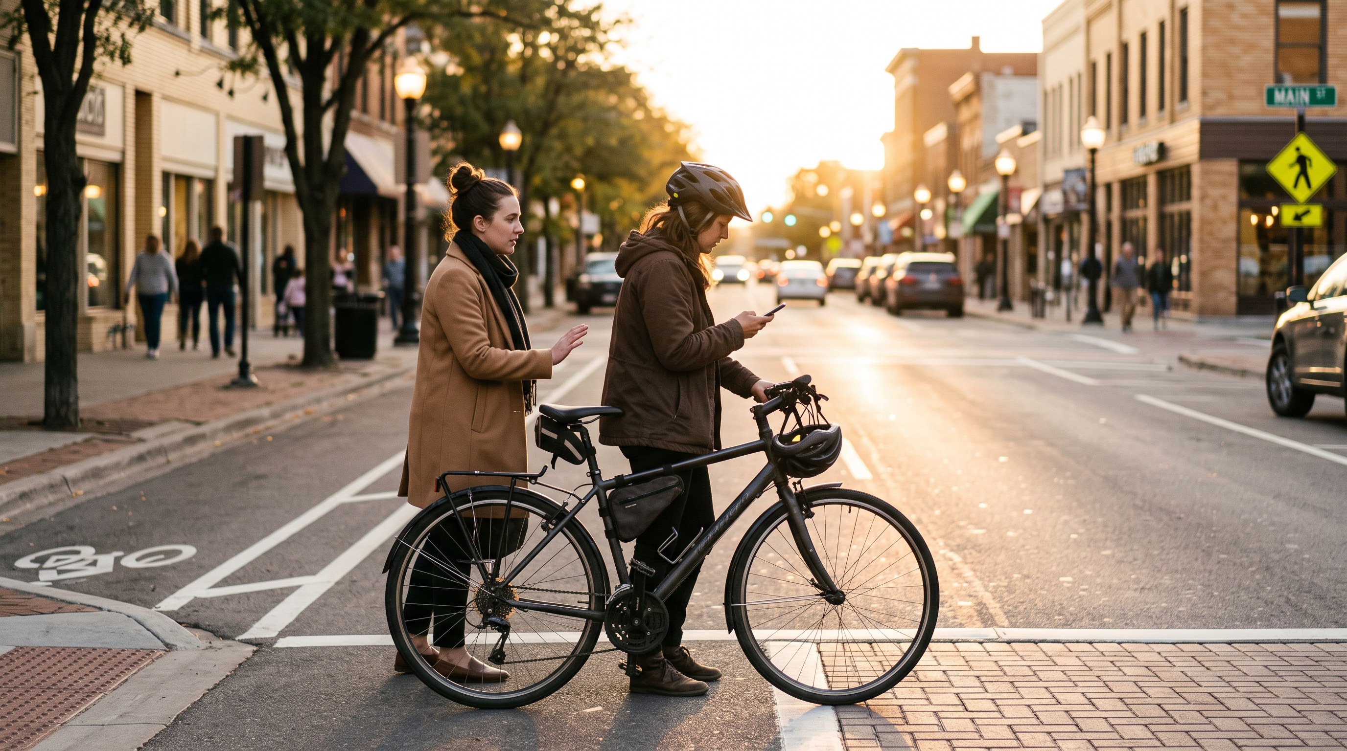 A cyclist standing with her bike at the edge of a marked bike lane at golden hour, checking her phone while a passerby stops to help.