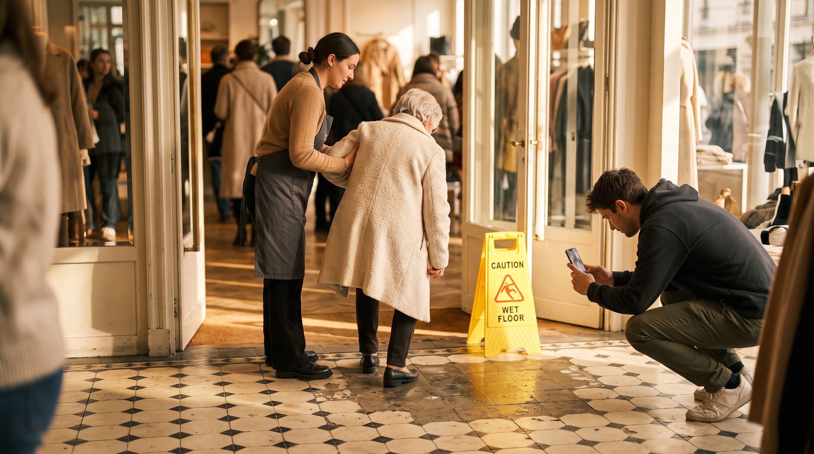 Inside a sunlit storefront entryway, a store employee steadies a customer near a yellow wet floor sign while another person photographs the floor.