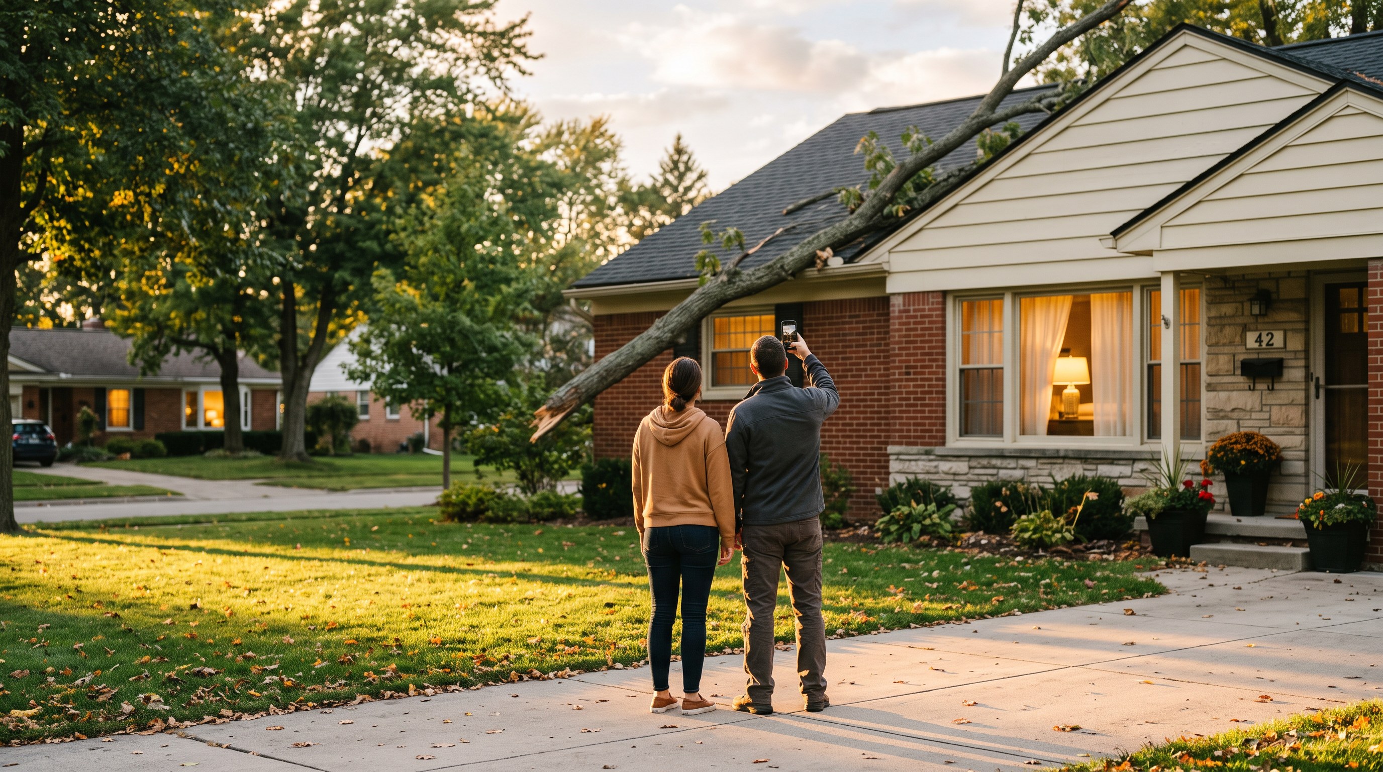 A couple in their driveway at golden hour photographing a storm-fallen tree limb resting against the roof of their lit home.
