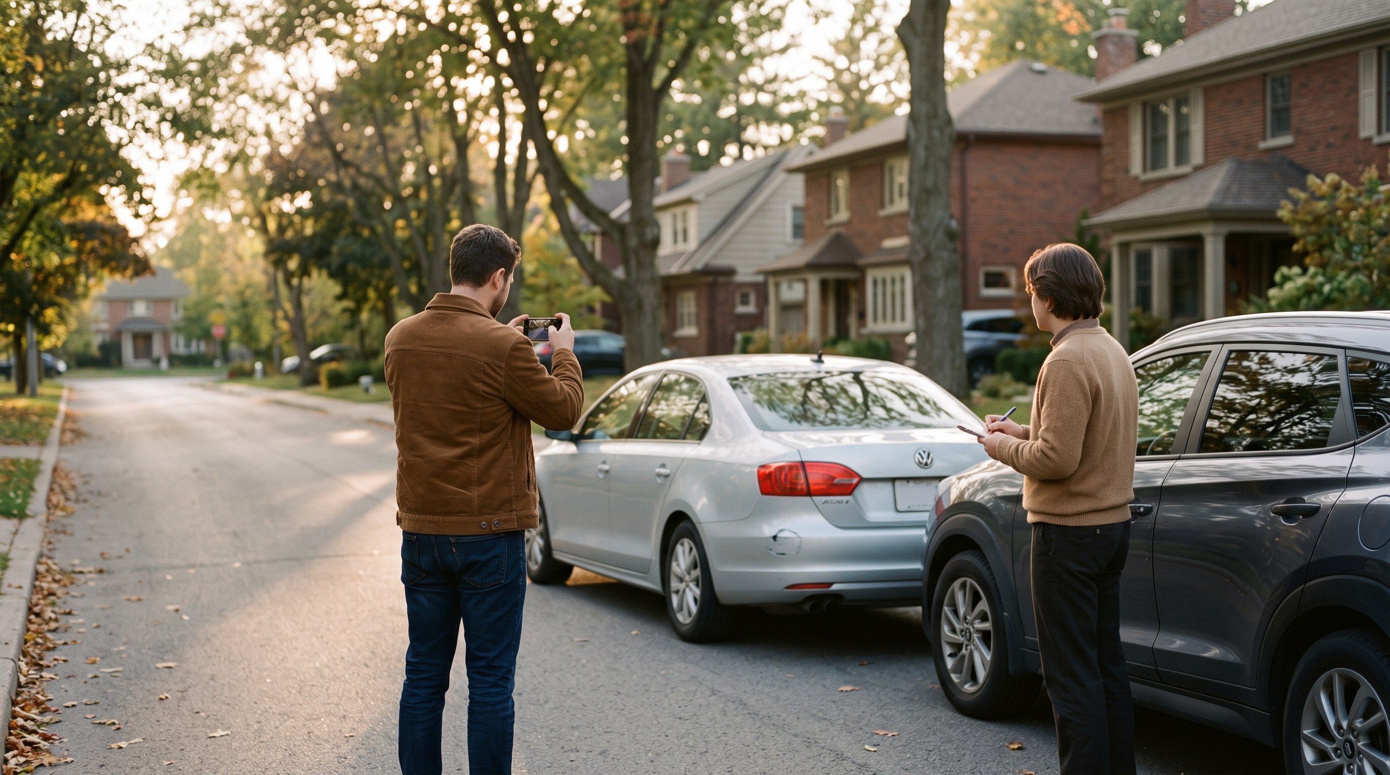 Two drivers on a quiet suburban street at golden hour calmly exchanging information, one photographing the other car with a phone.