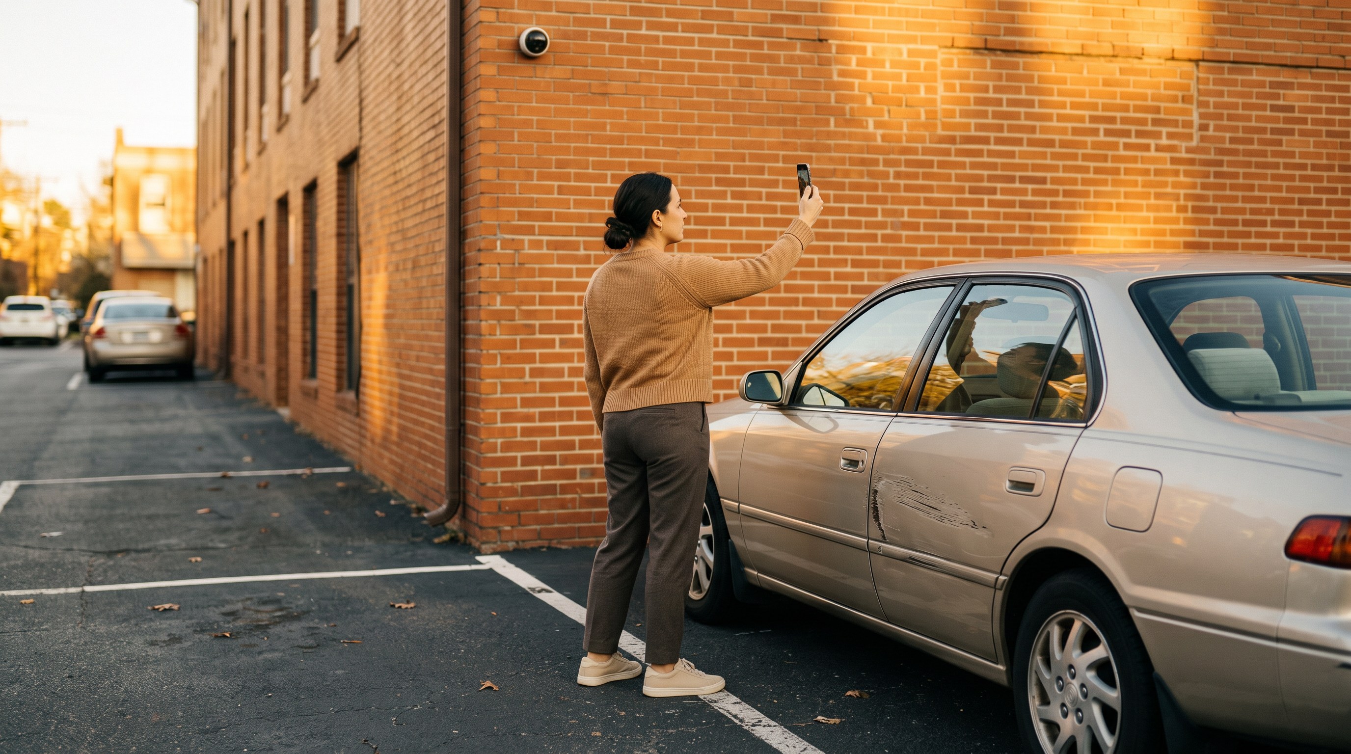 A person at golden hour documenting a scraped car and the empty space beside it where another vehicle had been.
