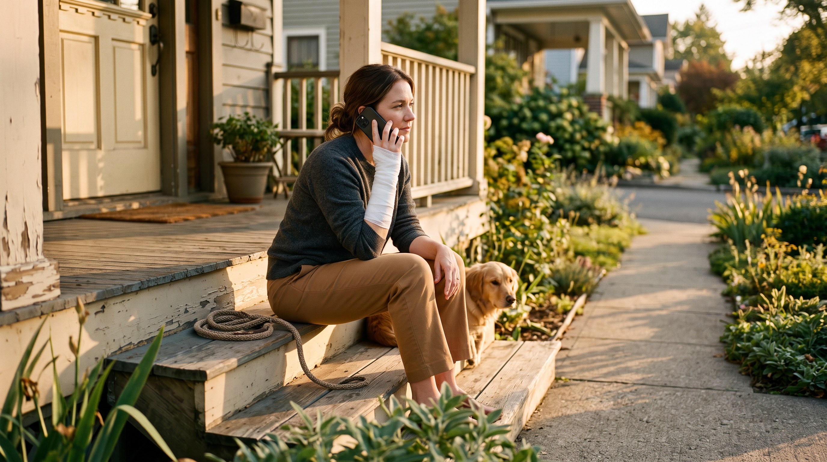 A woman on her own front porch steps at golden hour with a gauze wrap on her forearm, making a phone call, a coiled leash beside her.