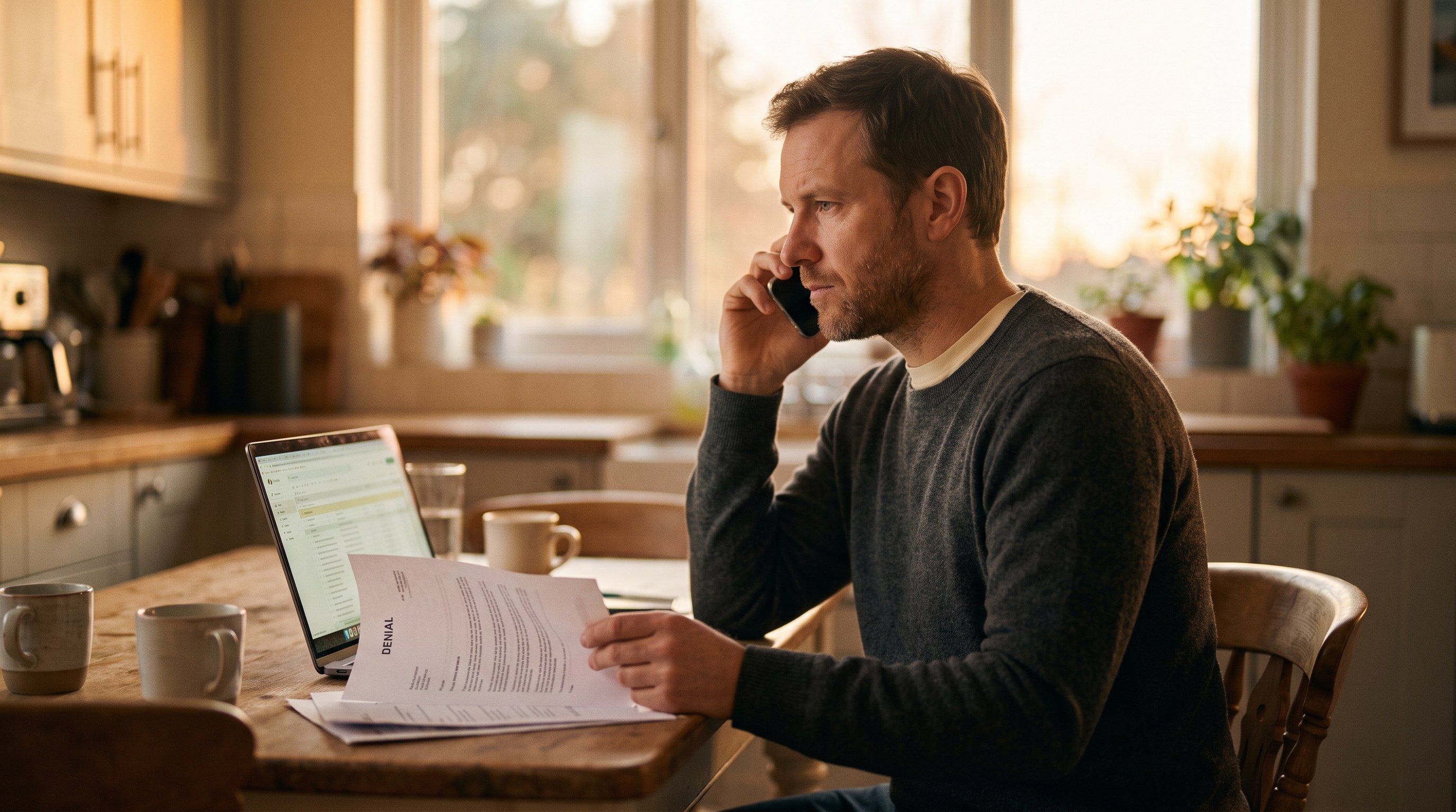A man at a kitchen table in golden hour light holding an insurance denial letter and making a phone call, a laptop open in front of him.