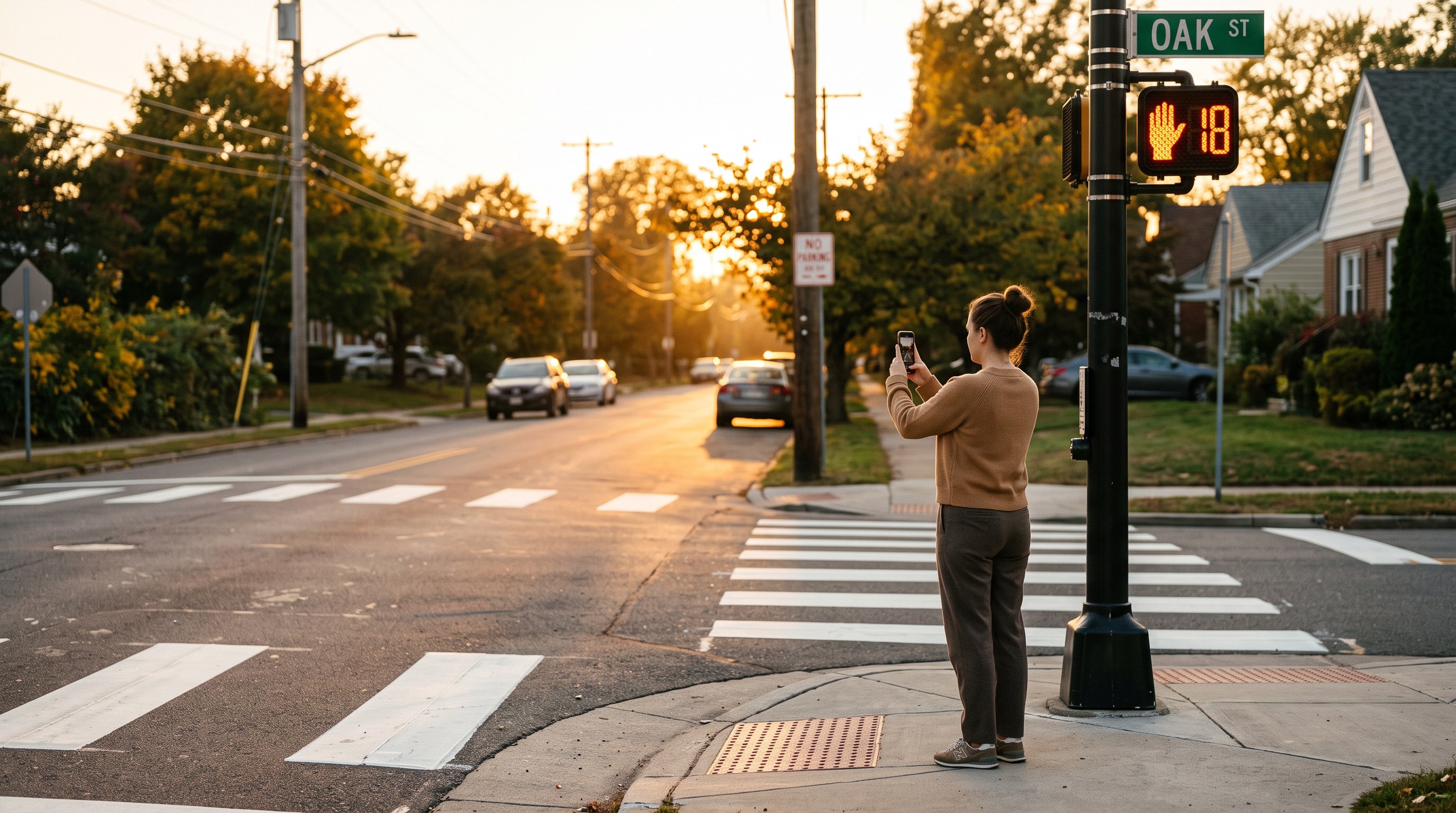 A woman at a suburban intersection at golden hour photographing the crosswalk stripes and pedestrian signal with her phone.