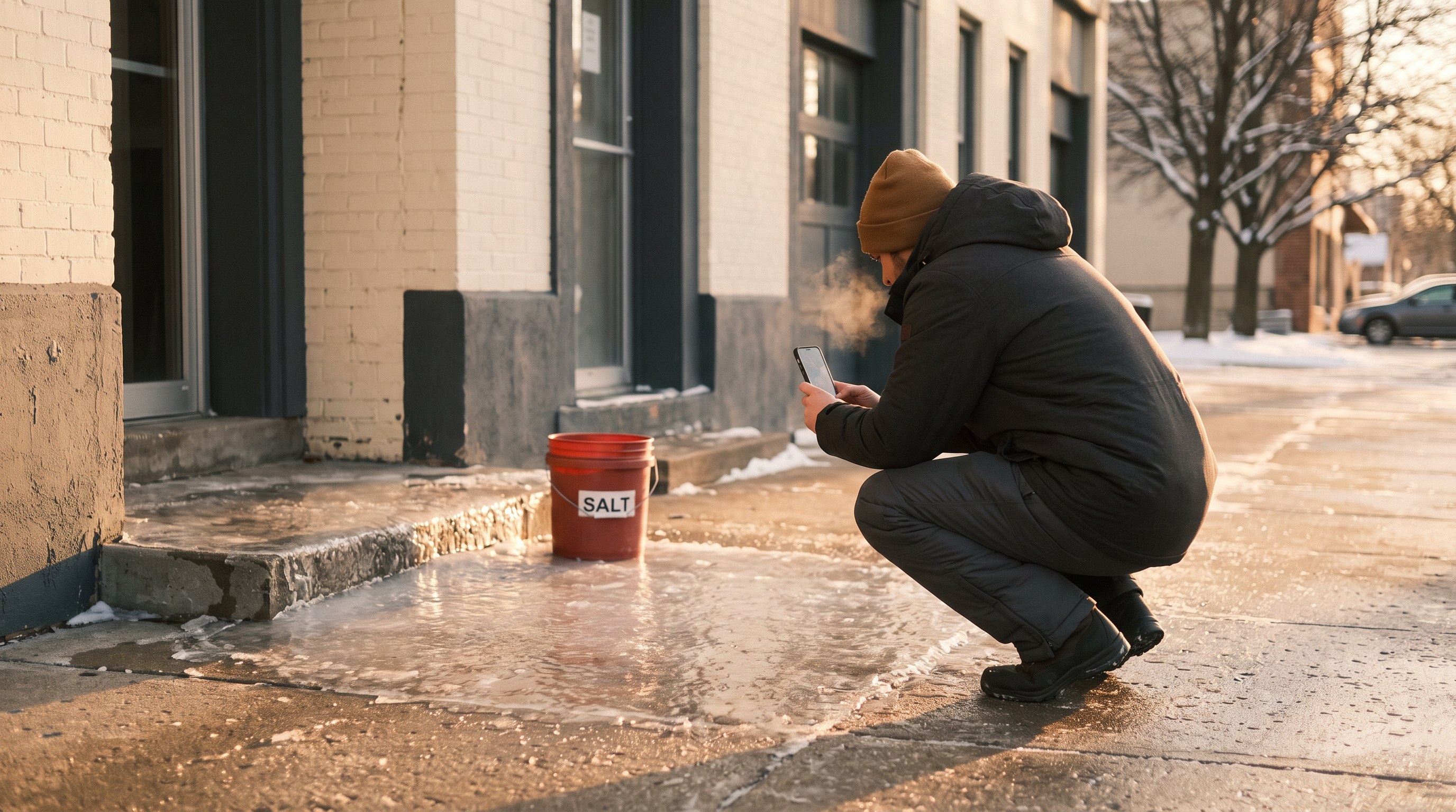 A person crouching in low winter sun photographing an unsalted sheet of ice on a walkway beside an untouched salt bucket.