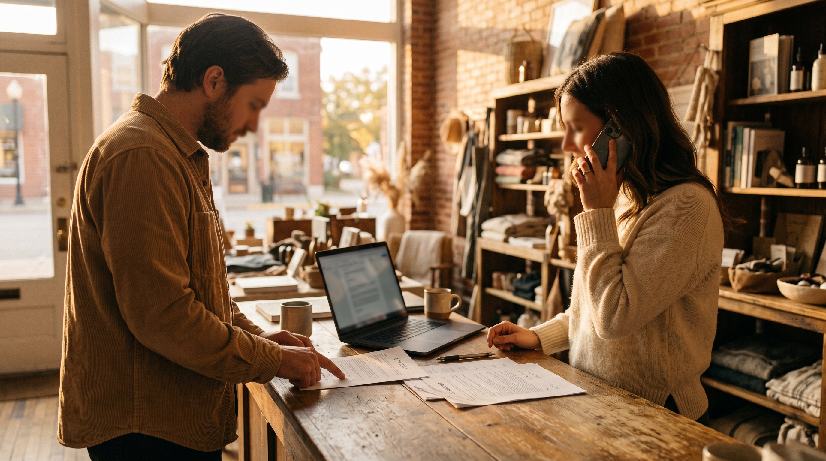 Two business owners at a wooden counter in a sunlit main street shop reviewing printed contract pages, one on a phone call.