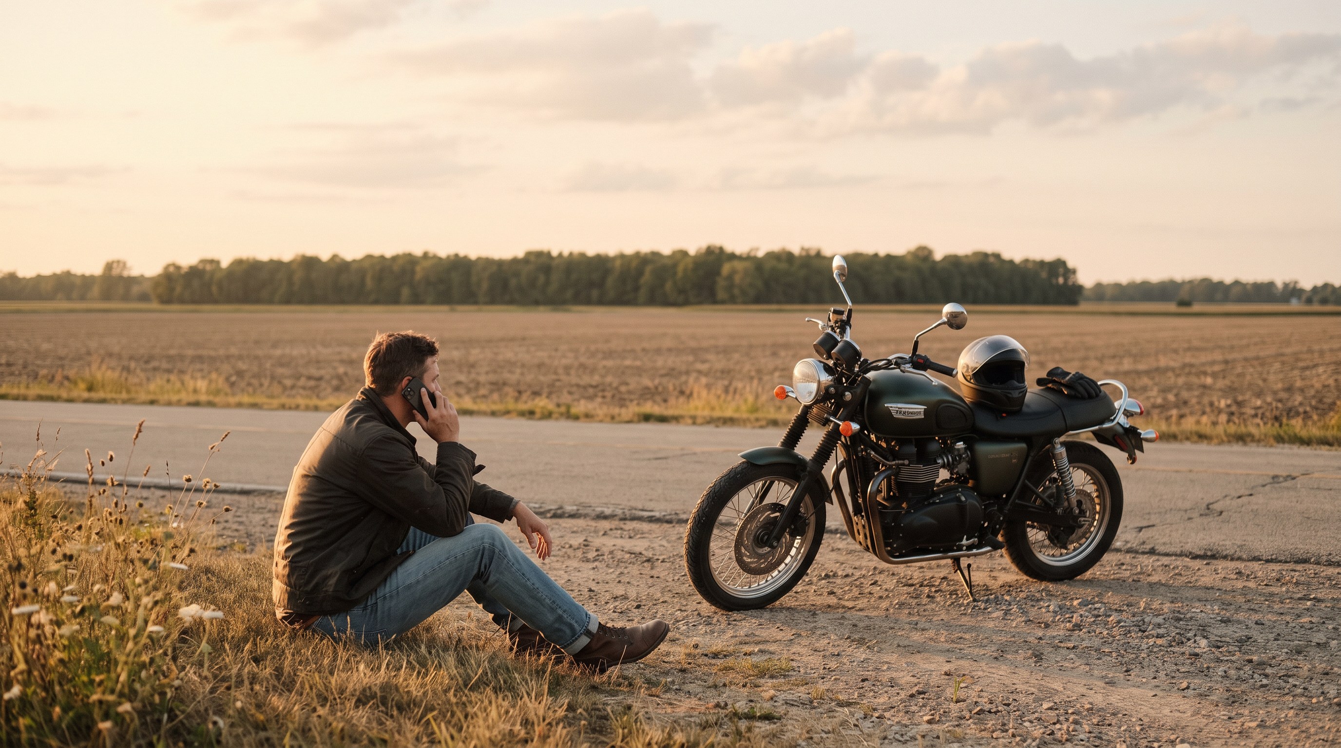 A motorcycle rider sitting on the gravel shoulder of a flat rural Michigan road at golden hour, making a phone call beside his parked bike.