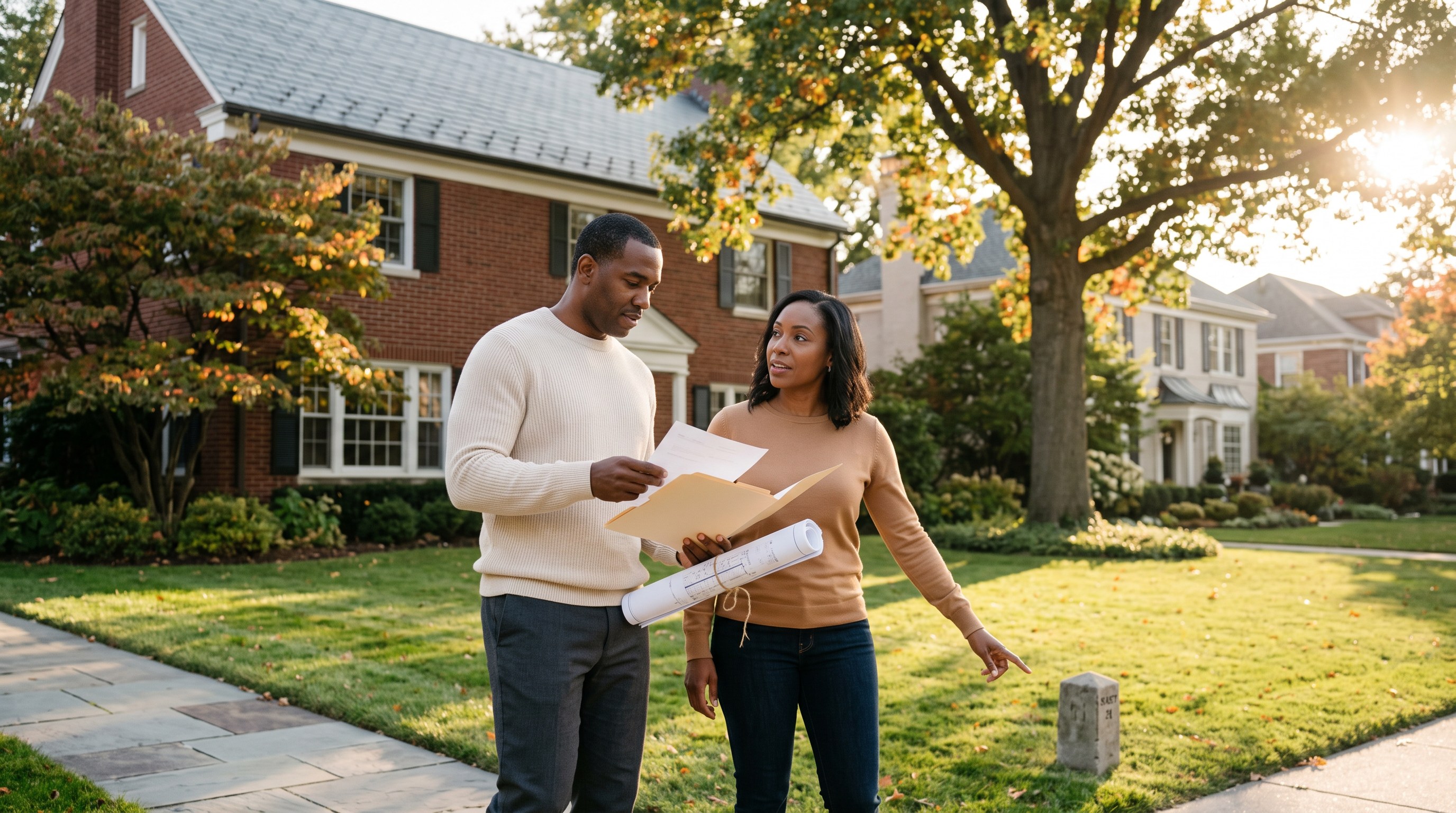 A couple on the front walk of their brick colonial home at golden hour, one holding a survey and documents, the other pointing at a property line marker.