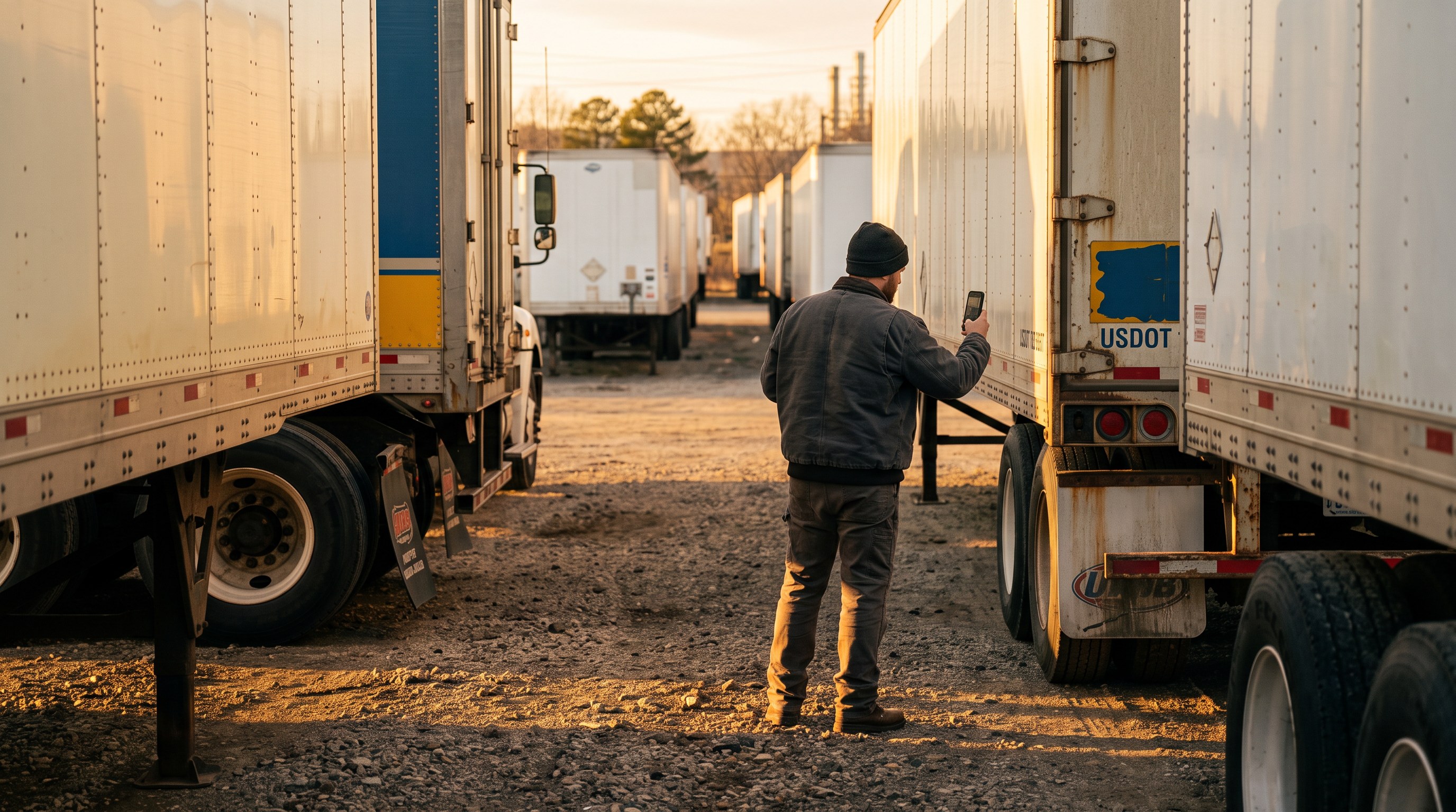 A man in a freight yard at golden hour photographing the DOT number panel on the side of a parked semi trailer.