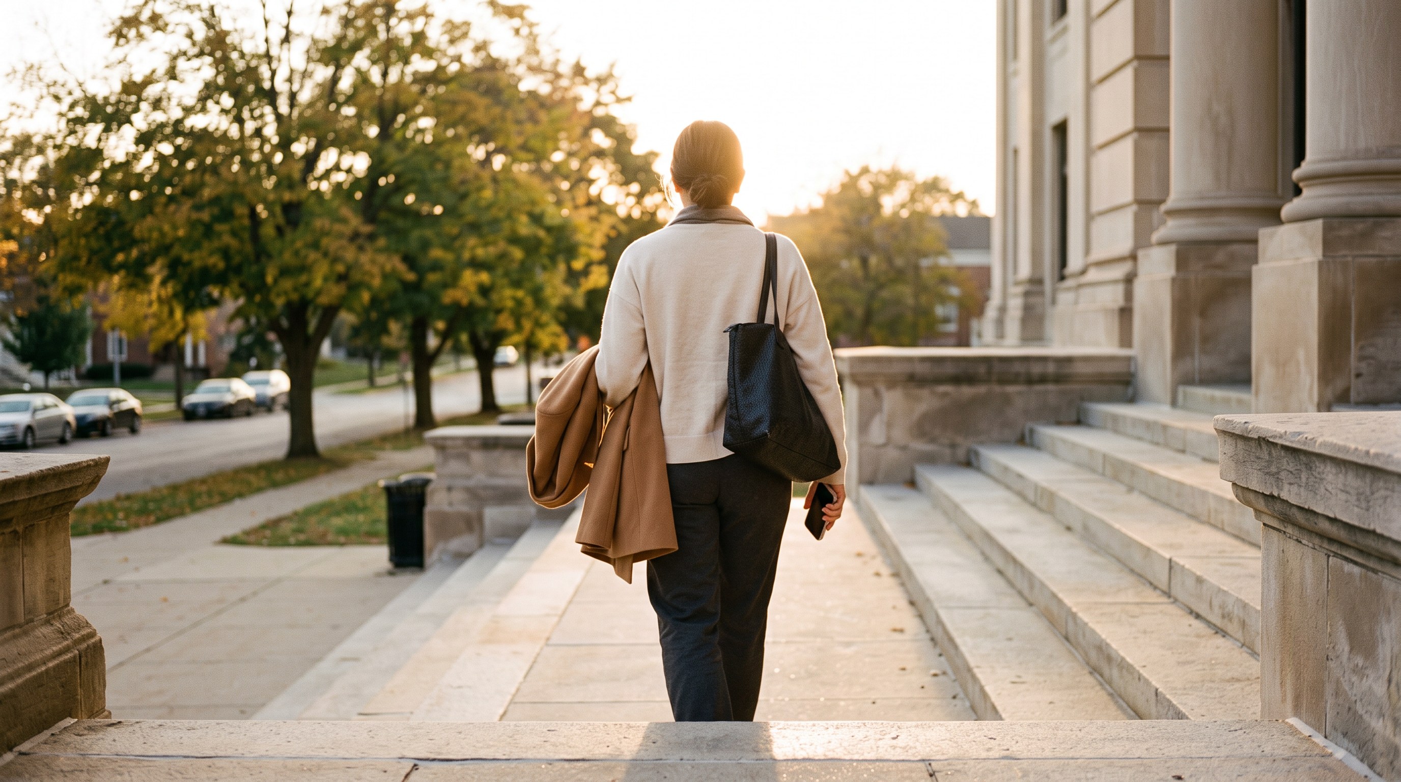 A person seen from behind walking down the limestone steps of a Michigan municipal building into golden hour light, phone lowered at their side.