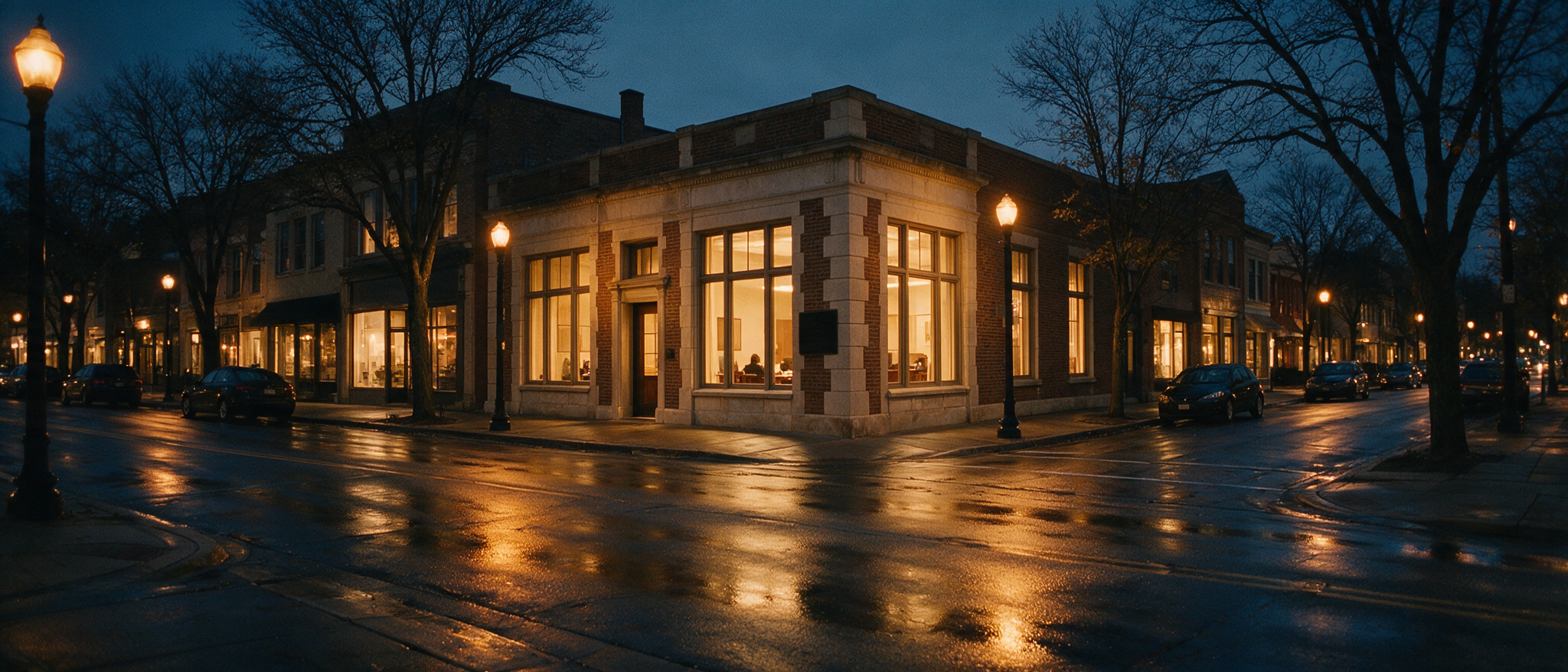 The Azzo Law storefront office on a Birmingham main street at dusk, warm light in the windows.