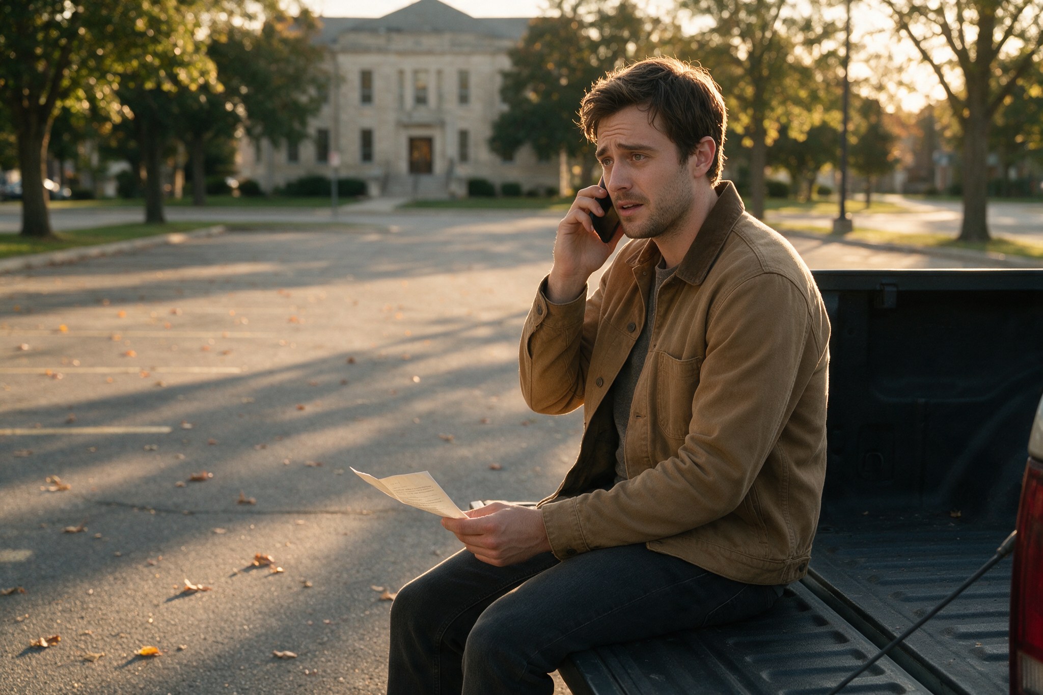 A man sitting on the tailgate of his car in an empty municipal lot at dusk, holding a folded notice and making a phone call.