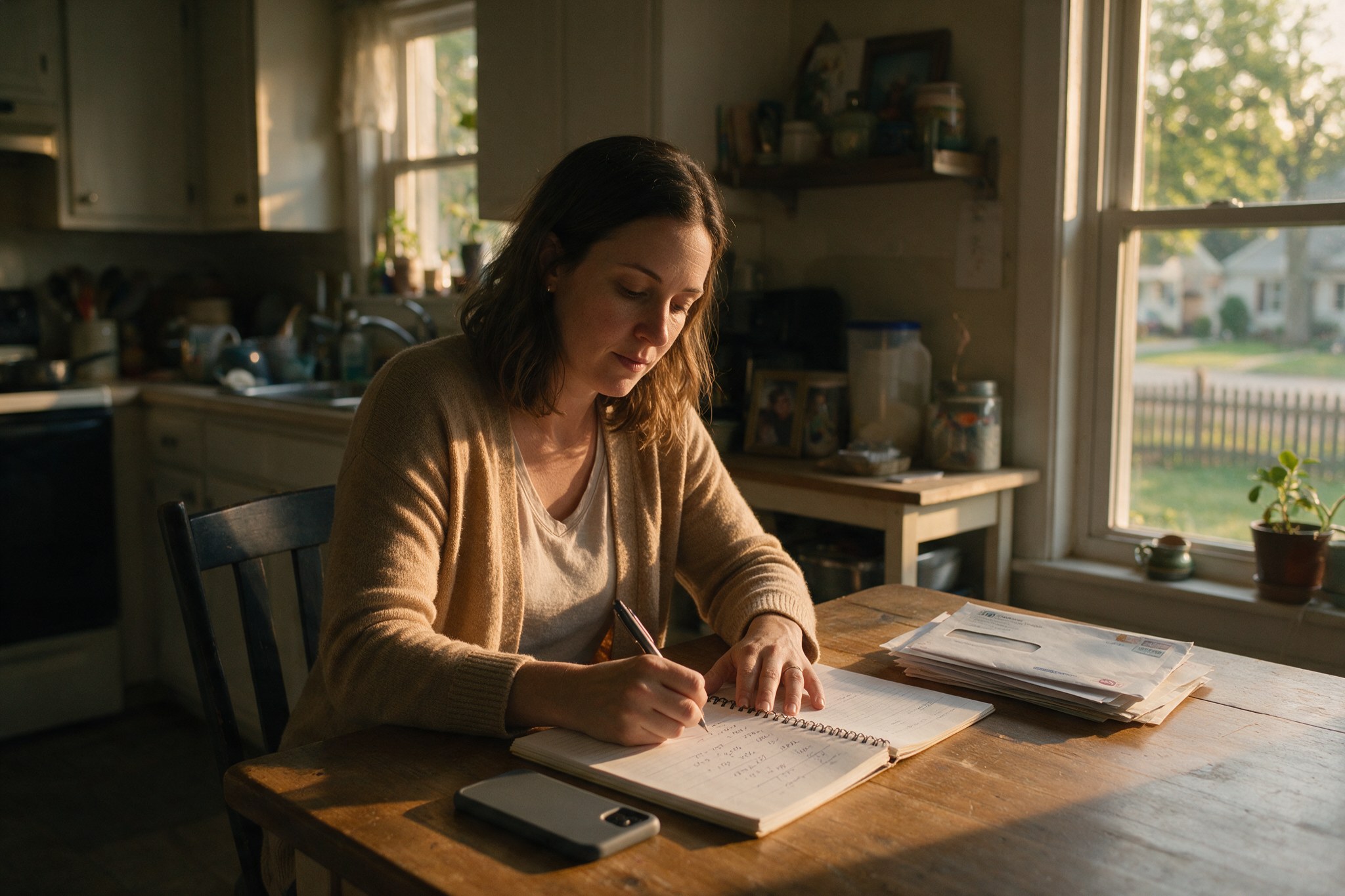 A woman at her kitchen table in late afternoon light writing appointment dates and mileage in a notebook, medical billing envelopes stacked beside her.