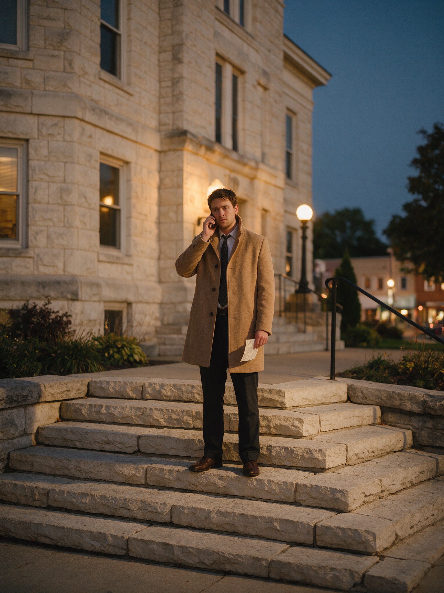 A man on the steps outside a municipal building at dusk holding a folded notice and making a phone call.