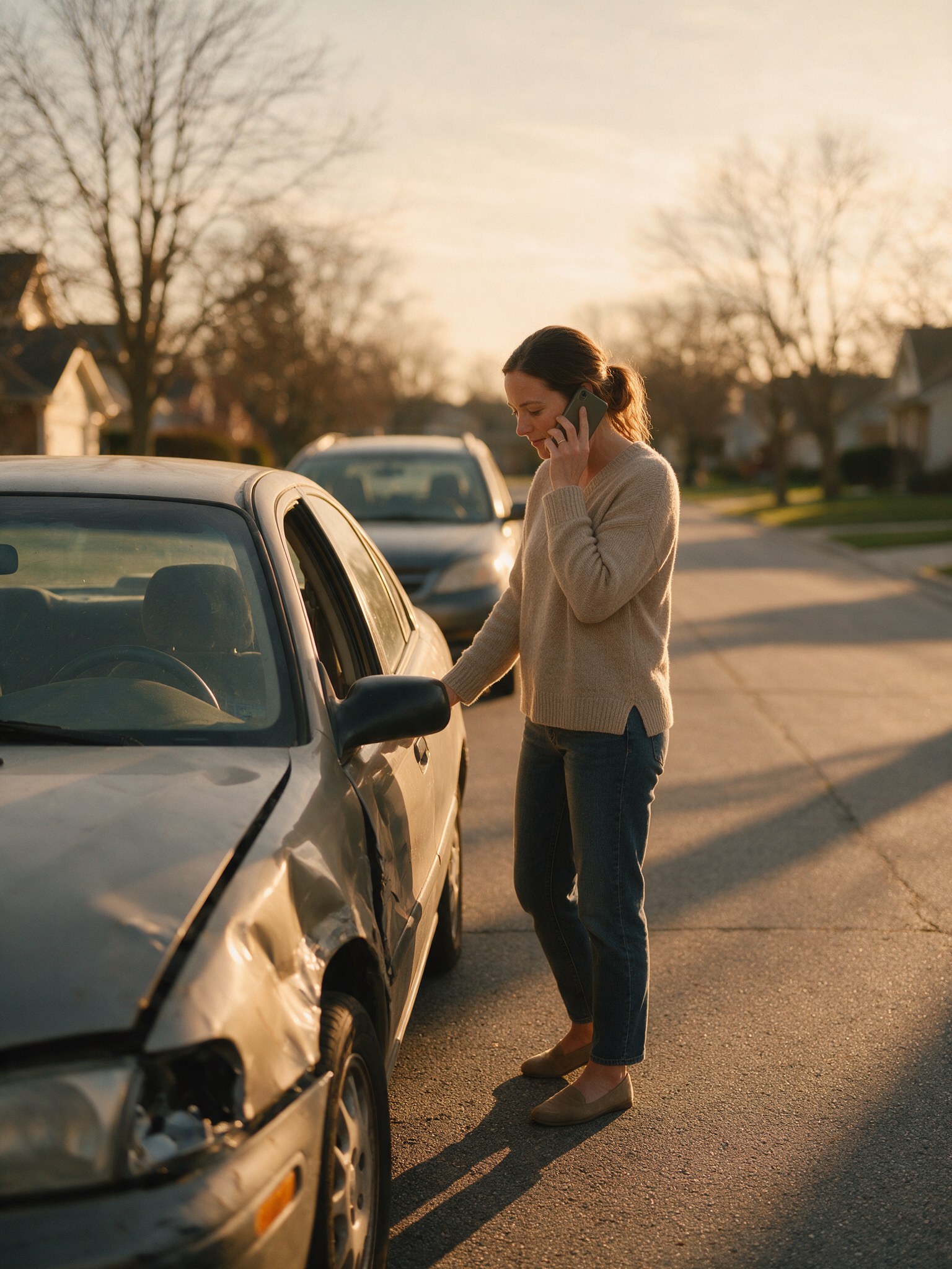 A woman standing beside her damaged car on a quiet residential street in late afternoon light, making a phone call.