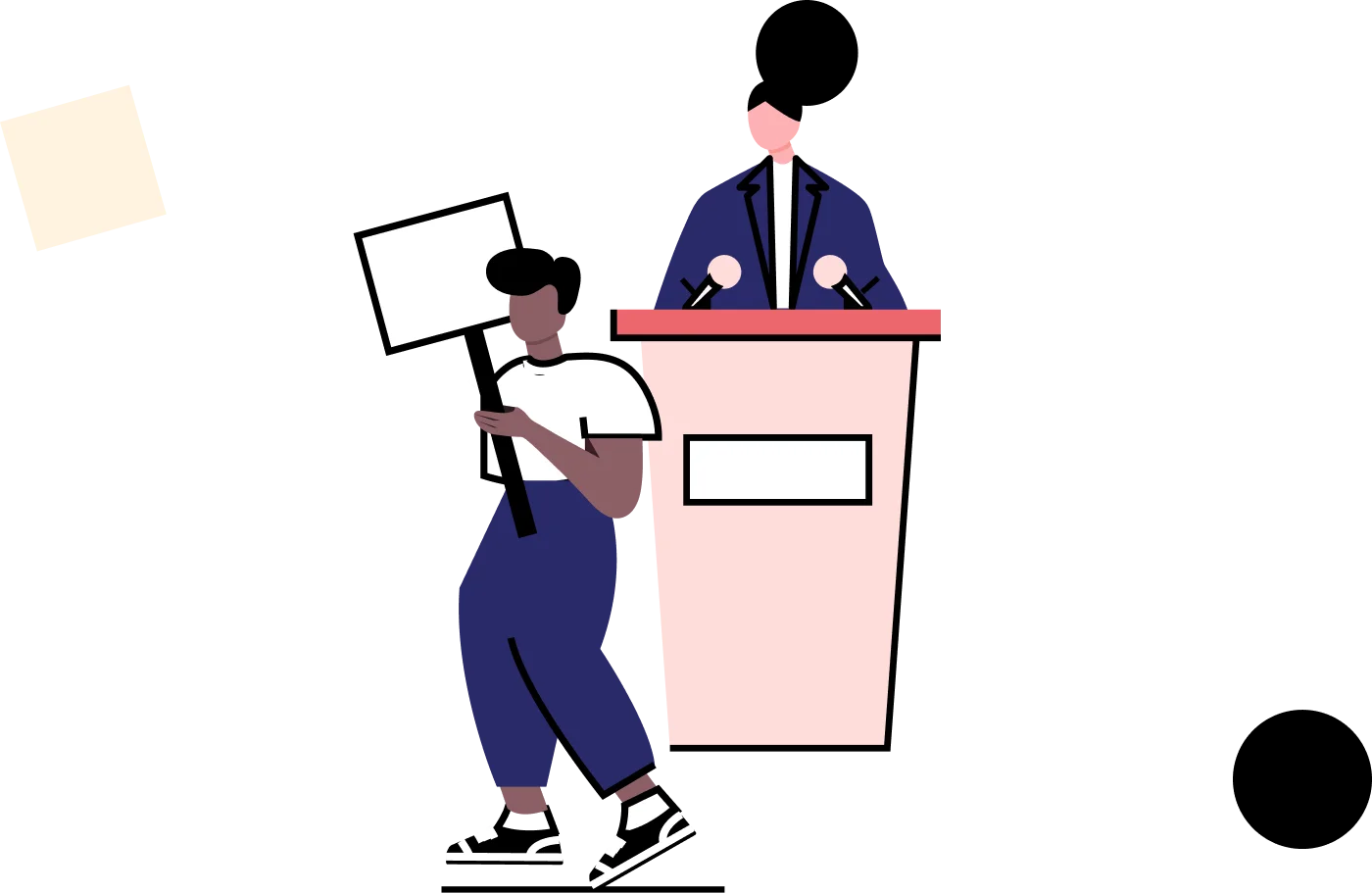Illustration of a candidate speaking at a podium while a person holds a blank placard