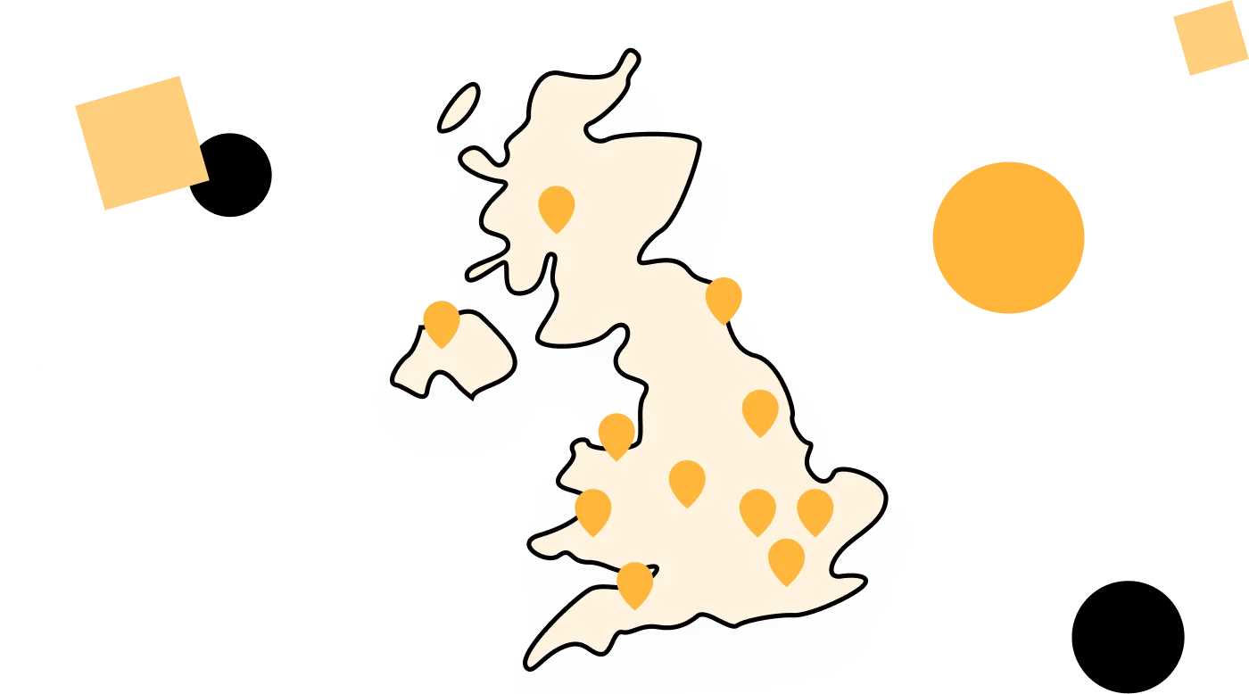 Illustration of a map of the UK dotted with location pins