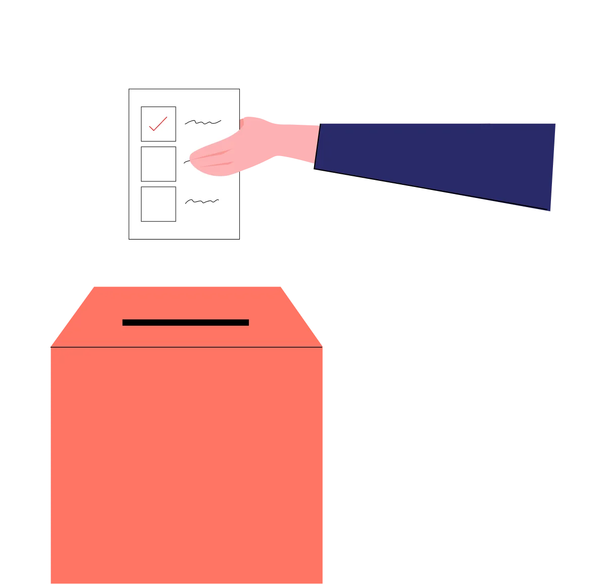 Illustration of a hand holding a ballot paper with one box ticked, above a ballot box
