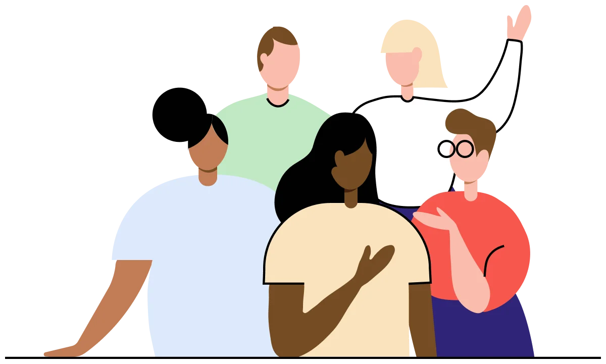 Illustration of a group of people standing together, one waving