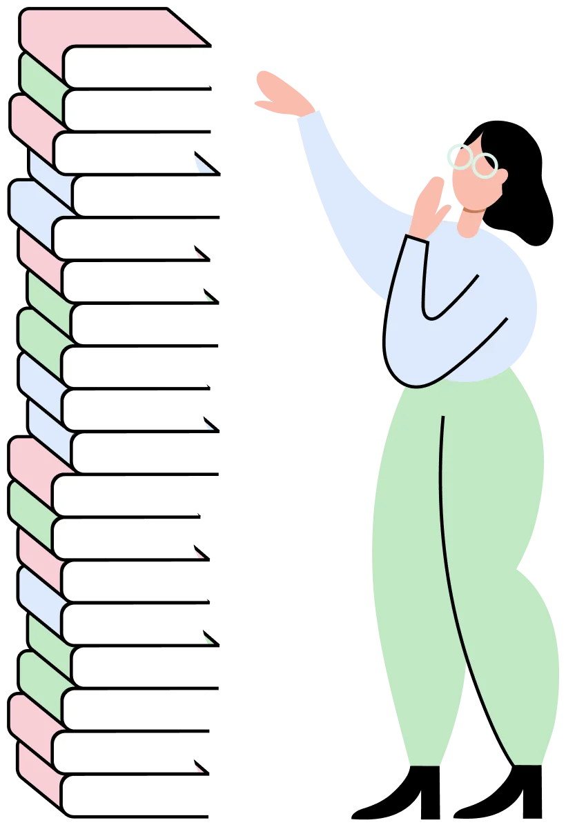 Illustration of a woman reaching towards a tall stack of books