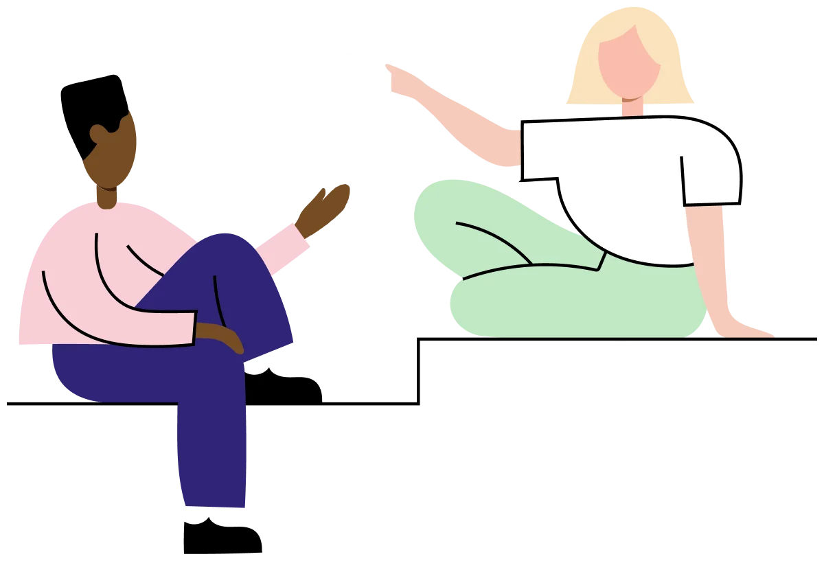 Illustration of two people sitting on steps, talking