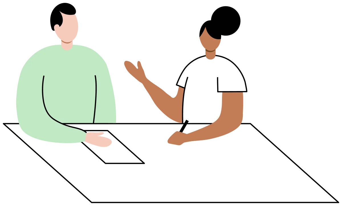 Illustration of two people talking across a table, one taking notes