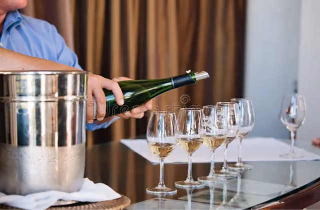 5 wine glasses with wine being poured into them by a person in a blue shirt