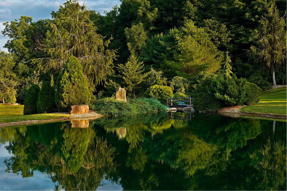 Landscaped lakes and waterfalls in the 50-acre Schnormeier Gardens