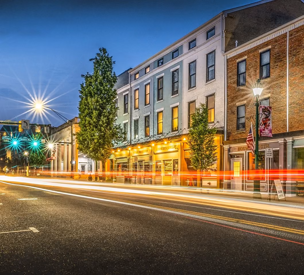 Storefronts and public art along the historic Public Square in downtown Mount Vernon