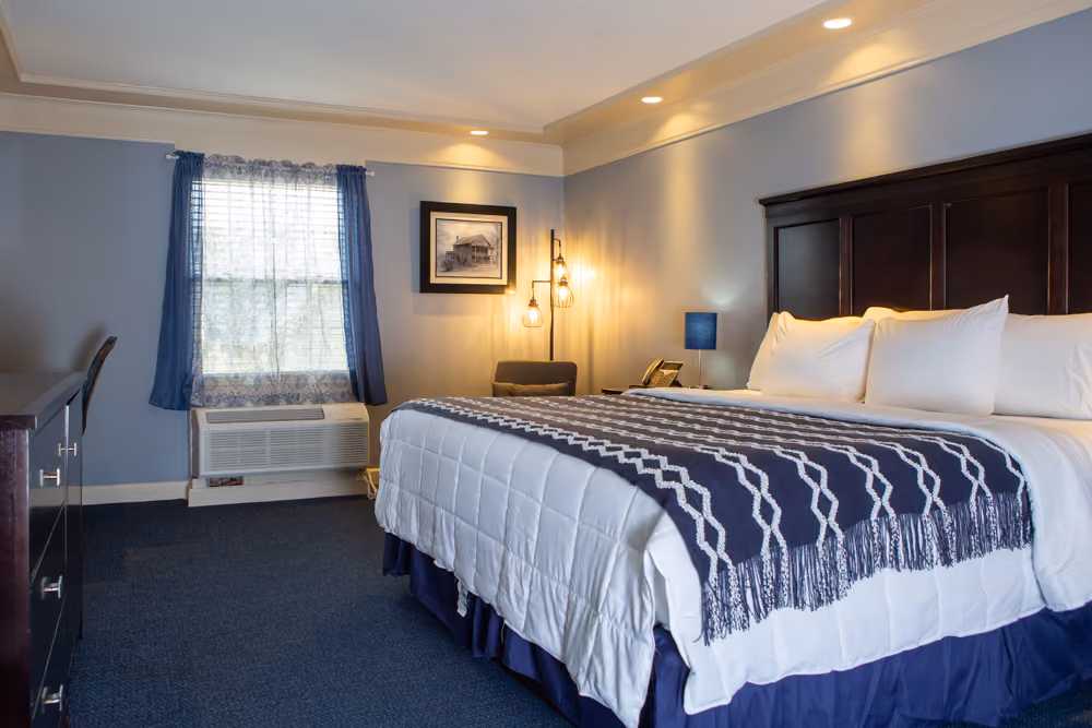 Spacious king room with white bedding, navy patterned throw, seating area, window and in-room climate control