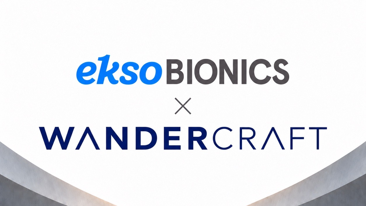 Ekso Bionics and Wandercraft logos above a sunlit path between two curved walls