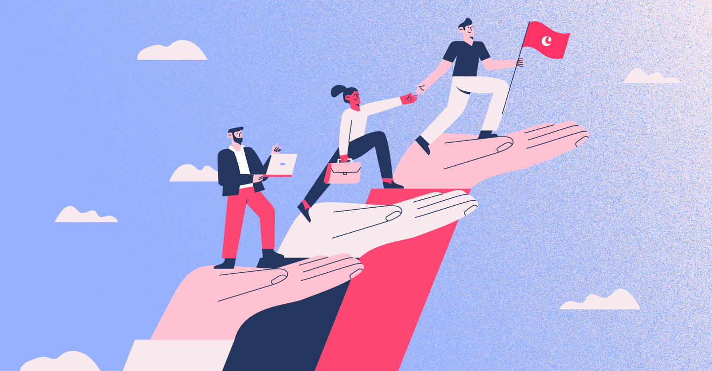 illustration showing three professionals climbing up on hands into the sky symbolizing business growth