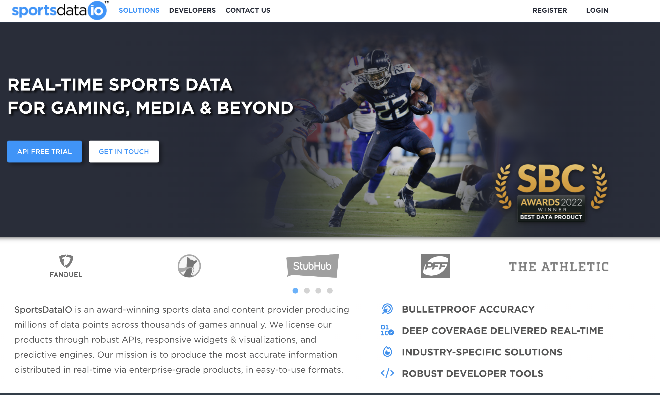 screenshot of SportsDataIO website