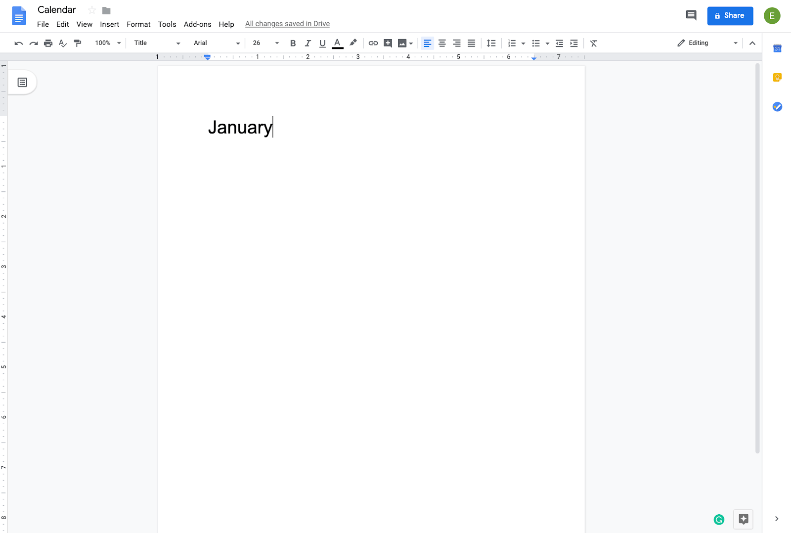 screenshot of blank doc showing creating a calendar in google docs