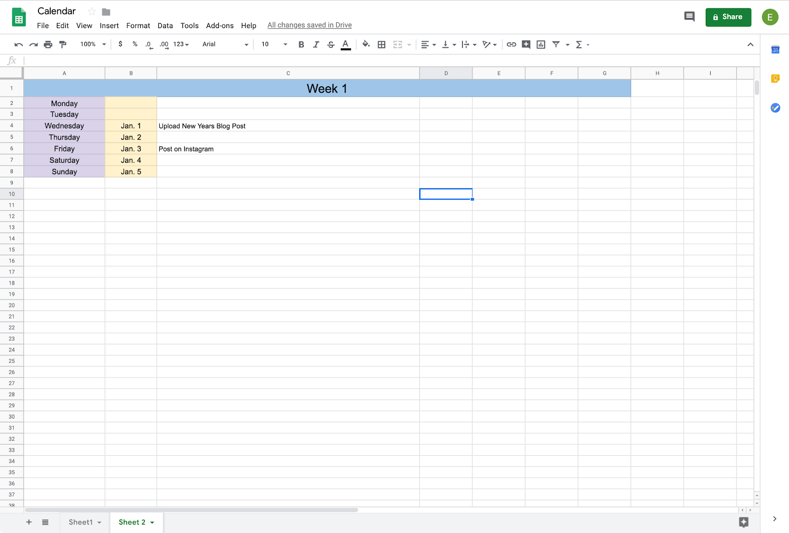 example of a calendar in google sheets