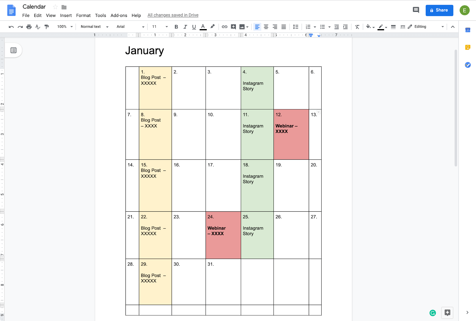 color-coordinating a calendar in google docs