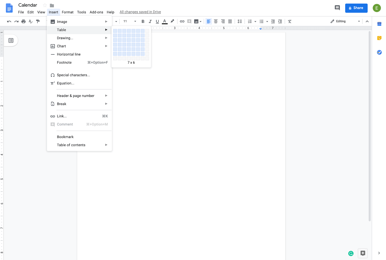 adding table to new calendar in google docs