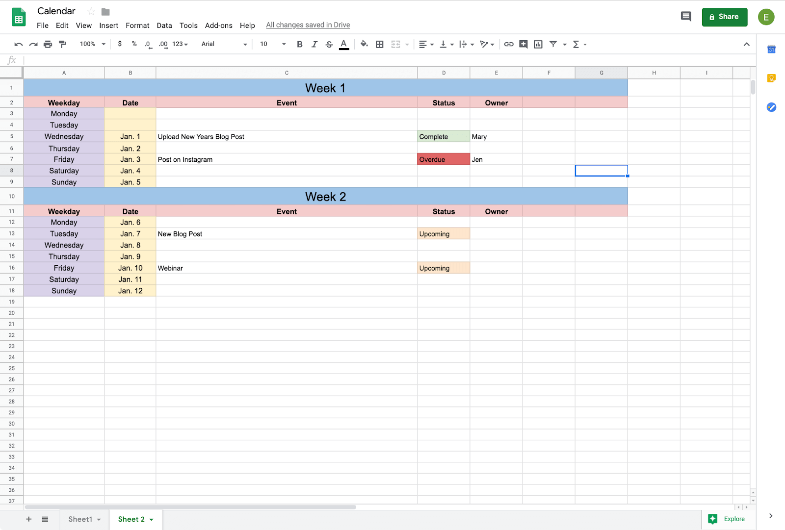 built out calendar in google sheets